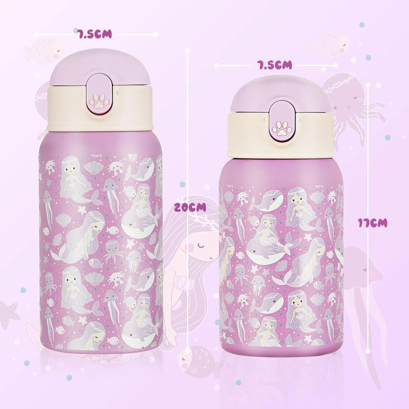 Autsel Rozsdamentes Acél Kulacs 500ml Szívószállal, Hőszigetelt Gyerek Ivópalack BPA-mentes, Lila Sellő Mintás Fiúknak Lányoknak