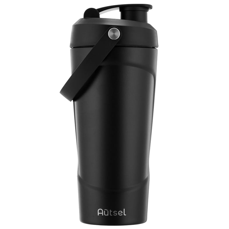 Autsel Protein Shaker od nehrđajućeg čelika 750ml - Termo boca za fitness s mrežicom za miješanje, bez BPA, crna, održava hladnoću