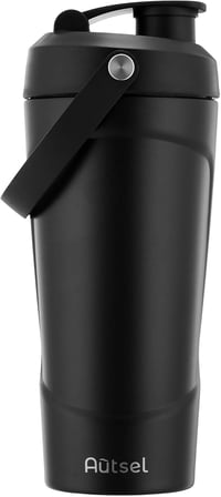 Autsel Rozsdamentes Acél Protein Shaker 750ml - Hőszigetelt Fitness Keverőpalack Keverőgolyóval, BPA-mentes, Fekete, Hidegen Tartó 1
