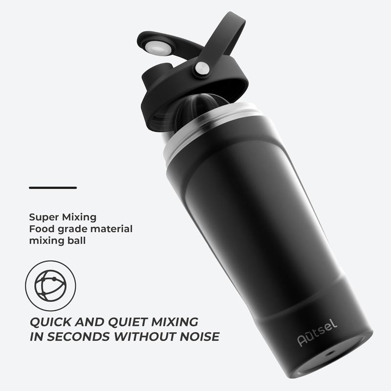 Autsel Rozsdamentes Acél Protein Shaker 750ml - Vákuumszigetelt Edzőpalack Keverőgolyóval, BPA-mentes Fitness Italkeverő, Fekete