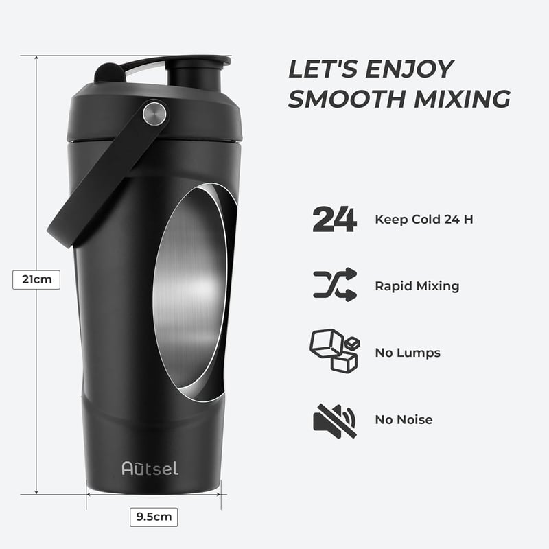 Autsel Rozsdamentes Acél Protein Shaker 750ml - Vákuumszigetelt Edzőpalack Keverőgolyóval, BPA-mentes Fitness Italkeverő, Fekete