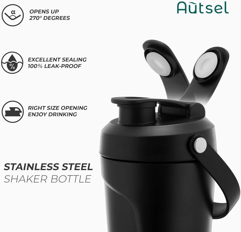 Autsel Rozsdamentes Acél Protein Shaker 750ml - Vákuumszigetelt Edzőpalack Keverőgolyóval, BPA-mentes Fitness Italkeverő, Fekete