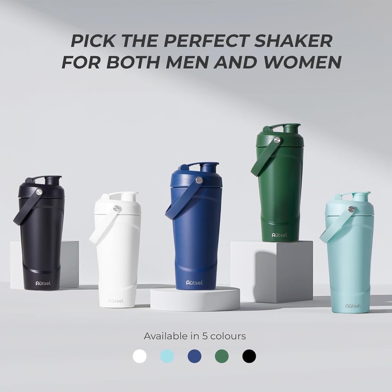 Autsel Rozsdamentes Acél Protein Shaker 750ml - Vákuumszigetelt Edzőpalack Keverőgolyóval, BPA-mentes Fitness Italkeverő, Fekete