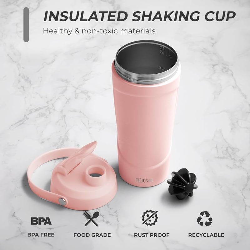 Autsel Shaker Proteine din Oțel Inoxidabil 750ml - Sticlă de Amestec Izolată în Vid cu Bulo de Amestecare, Mixer Băuturi Fitness Fără BPA