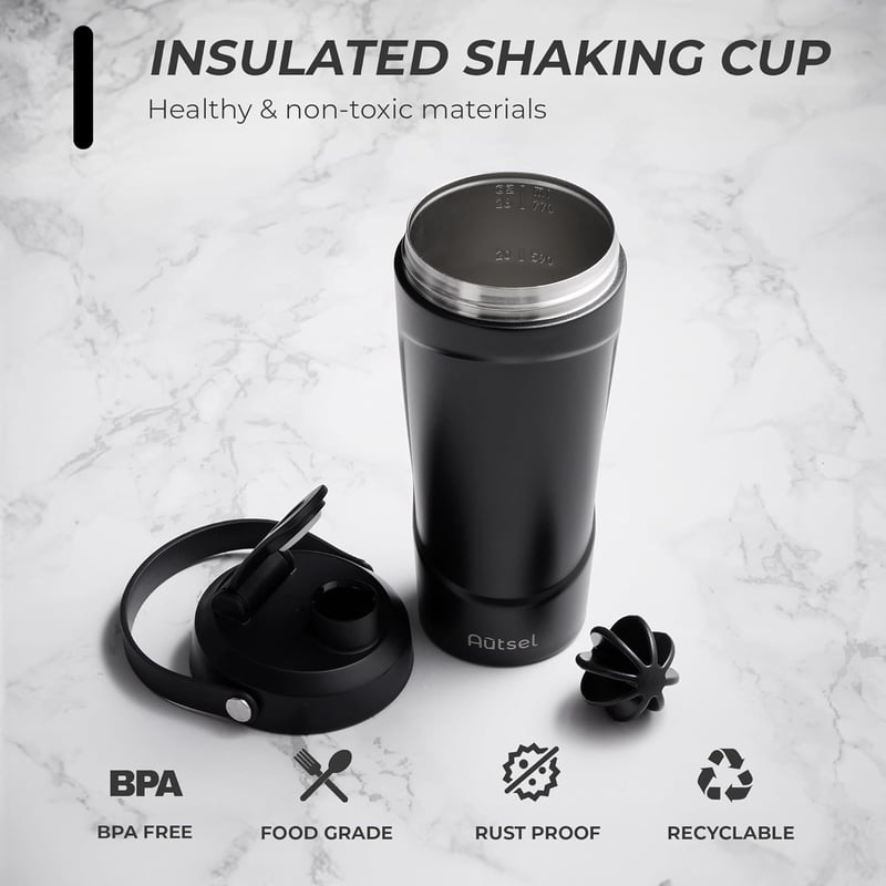 Autsel Rozsdamentes Acél Protein Shaker 750ml - Vákuumszigetelt Edzőpalack Keverőgolyóval, BPA-mentes Fitness Italkeverő, Fekete