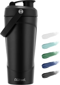 Autsel Rozsdamentes Acél Protein Shaker 750ml - Vákuumszigetelt Edzőpalack Keverőgolyóval, BPA-mentes Fitness Italkeverő, Fekete 1