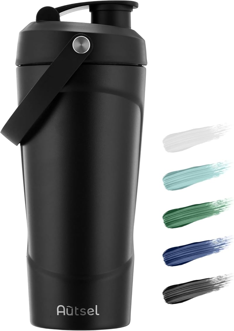 Autsel Rozsdamentes Acél Protein Shaker 750ml - Vákuumszigetelt Edzőpalack Keverőgolyóval, BPA-mentes Fitness Italkeverő, Fekete