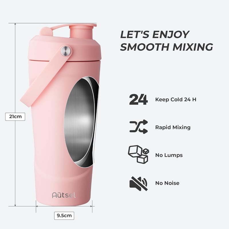 Autsel Shaker Proteine din Oțel Inoxidabil 750ml - Sticlă de Amestec Izolată în Vid cu Bulo de Amestecare, Mixer Băuturi Fitness Fără BPA