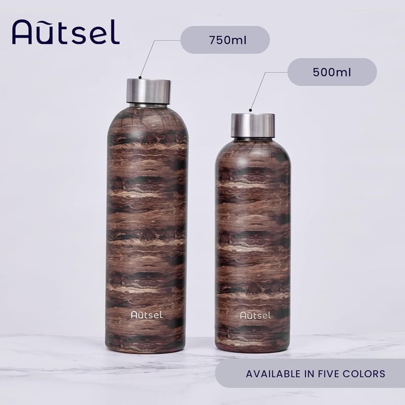 Autsel Rozsdamentes Acél Termosz 750ml - Szigetelt Vizes Palack Márvány-Arany Színben - BPA-mentes, Szivárgásmentes Kulacs Sporthoz, Túrázás