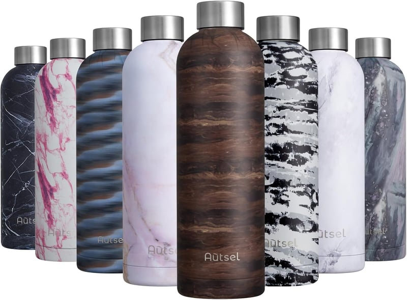 Autsel Rozsdamentes Acél Termosz 750ml - Szigetelt Vizes Palack Márvány-Arany Színben - BPA-mentes, Szivárgásmentes Kulacs Sporthoz, Túrázás