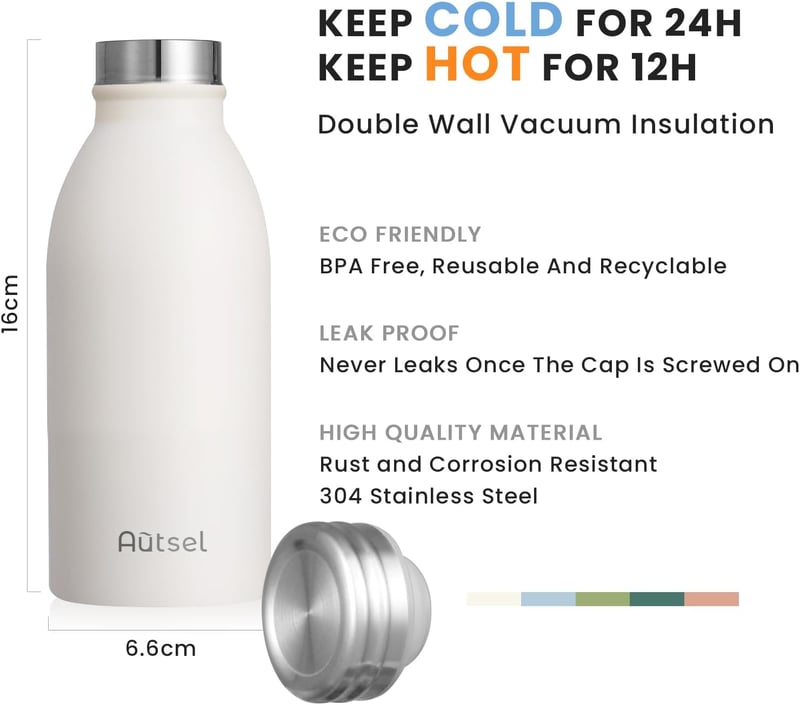 Autsel Termosz Kulacs 350ml - Rozsdamentes Acél Hőszigetelt Palack Hideg-Meleg Italokhoz, Szívószálas Dupla Falú Cseppmentes Dizájn, Krémszí