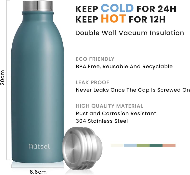 Autsel Termosz Kulacs 500ml - Rozsdamentes Acél Hőszigetelt Palack Hideg-Meleg Italokhoz, Kék, Szívószálas, Szivárgásmentes, Irodai, Sport, 