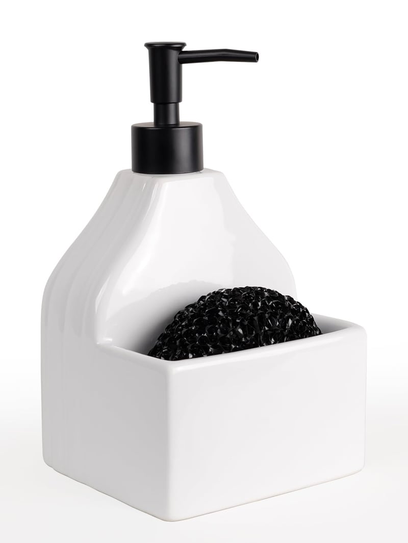 Keramický dávkovač na mydlo Autumnlife s držiakom na špongiu, 450 ml, biely, 2 v 1, plniteľná pumpa na tekuté mydlo do kuchynského drezu a kúpeľne