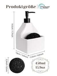 Keramický dávkovač na mydlo Autumnlife s držiakom na špongiu, 450 ml, biely, 2 v 1, plniteľná pumpa na tekuté mydlo do kuchynského drezu a kúpeľne 2