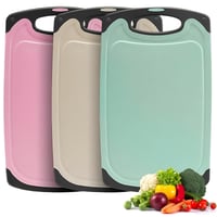 Sada 3 krájacích dosiek Aututer, pšeničná slama, kuchynské krájacie dosky bez BPA, s drážkou na šťavu, protišmykové, vhodné do umývačky riadu, s otvorom na zavesenie, béžová, zelená, ružová 1