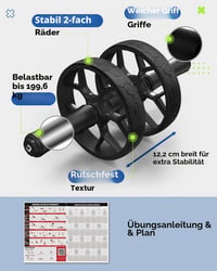Auvstar Rolă pentru Abdomen Fitness cu Bandă de Rezistență și Mânere Antiderapante, Set Rolă Abdominală cu Auto-rulare și Genunchieră, Gri 9