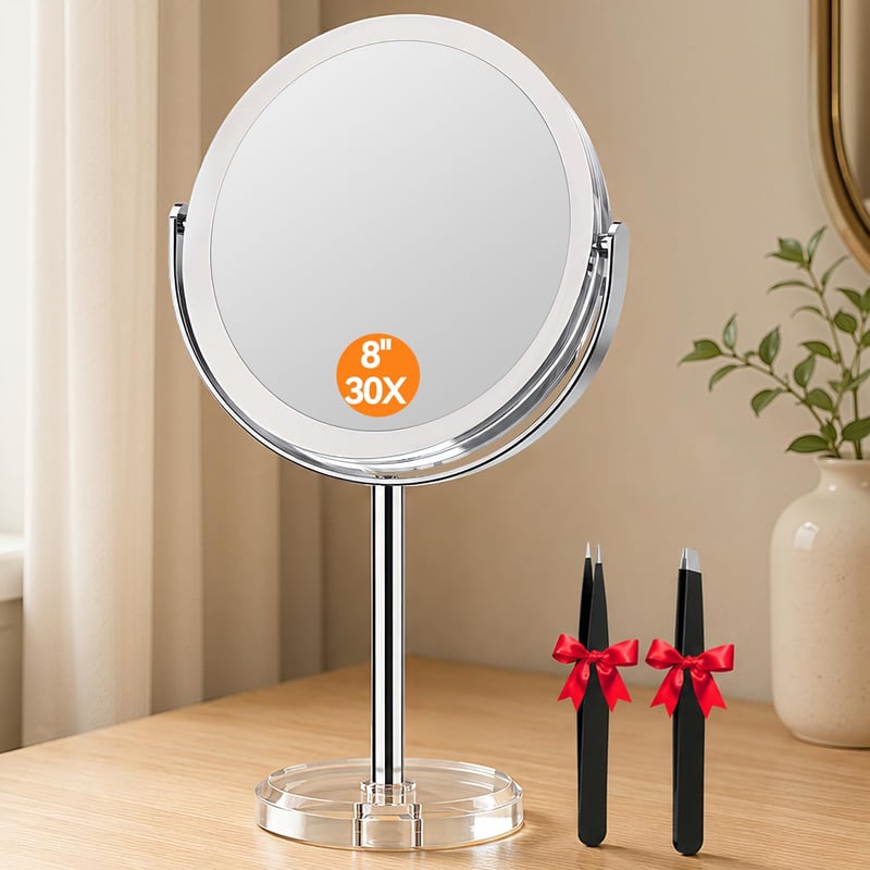 Kozmetické zrkadlo Auxmir 8 palcov s 30x/1x zväčšením, obojstranné kozmetické zrkadlo, 20 cm stolové zrkadlo s otočením o 360°, strieborné, do kúpeľne a na cesty