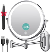 Auxmir nástenné kozmetické zrkadlo s osvetlením, 30x zväčšenie, 8-palcové, otočné o 360°, s výsuvným ramenom, 3200mAh nabíjateľné, stmievateľné, s pinzetou, do kúpeľne 1