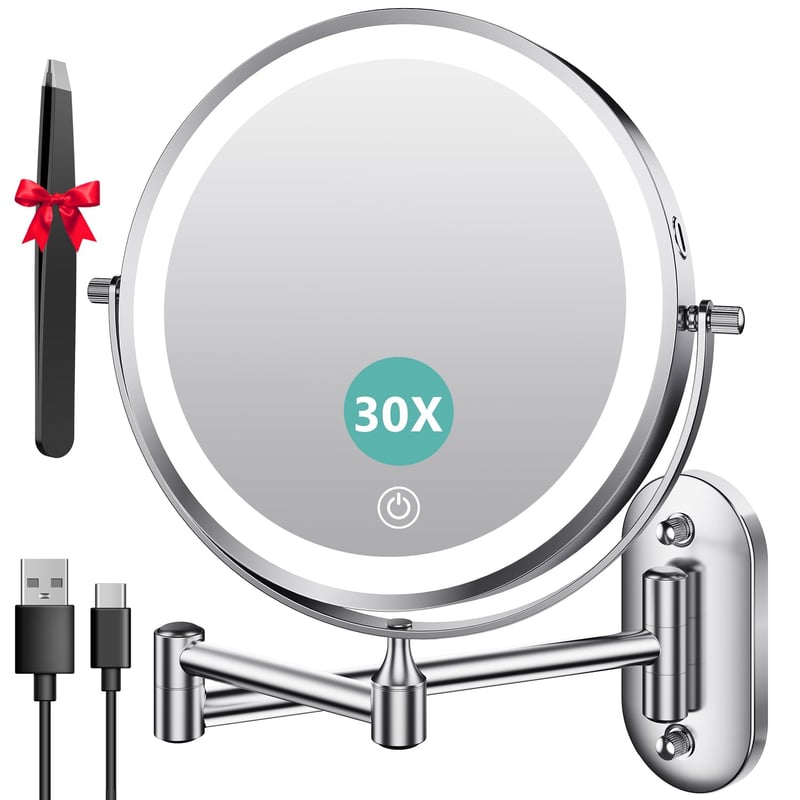 Auxmir nástenné kozmetické zrkadlo s osvetlením, 30x zväčšenie, 8-palcové, otočné o 360°, s výsuvným ramenom, 3200mAh nabíjateľné, stmievateľné, s pinzetou, do kúpeľne