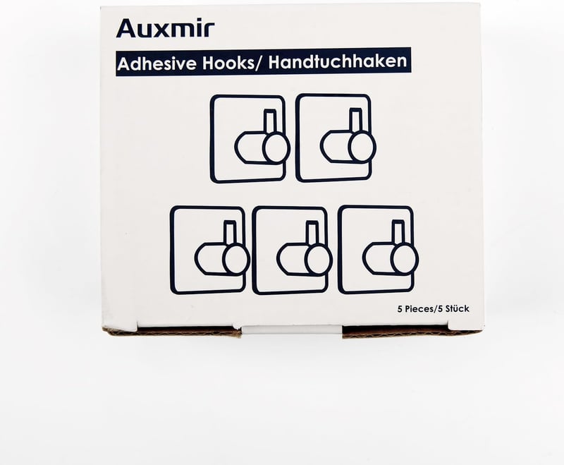 Auxmir Öntapadós Törölközőakasztó Szett - 5 db Fehér Rozsdamentes Acél Fali Kampó Fúrás Nélkül Fürdőszobába, Konyhába, 10 kg Teherbírás