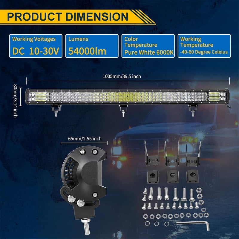 AUXTINGS 40 col 540W 3 sor 7D LED munkalámpa spot és szórt fény kombinált, DC 12V-24V 6000K, fekete UTV off-road