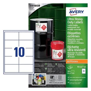 Avery B7173-50 Ultra otporne vodootporne GHS samoljepljive etikete, 99x57 mm, bijele, 500 komada, za laserske i tintne pisače, BS5609 certificirane
