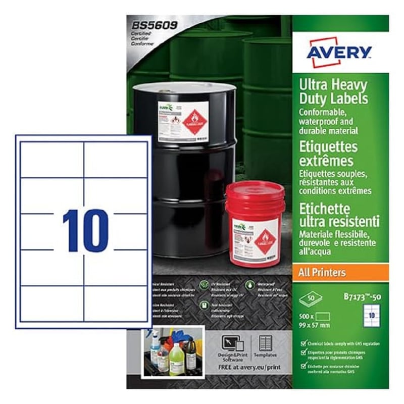 Samolepiace etikety Avery B7173-50 Ultra Resistant Waterproof GHS, 99x57 mm, biele, 500 ks, pre laserové a atramentové tlačiarne, certifikácia BS5609