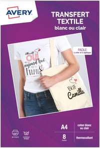 Hârtie de transfer textil Avery C9405-8 pentru țesături deschise la culoare - A4, 8 coli, pentru imprimare cu jet de cerneală 1