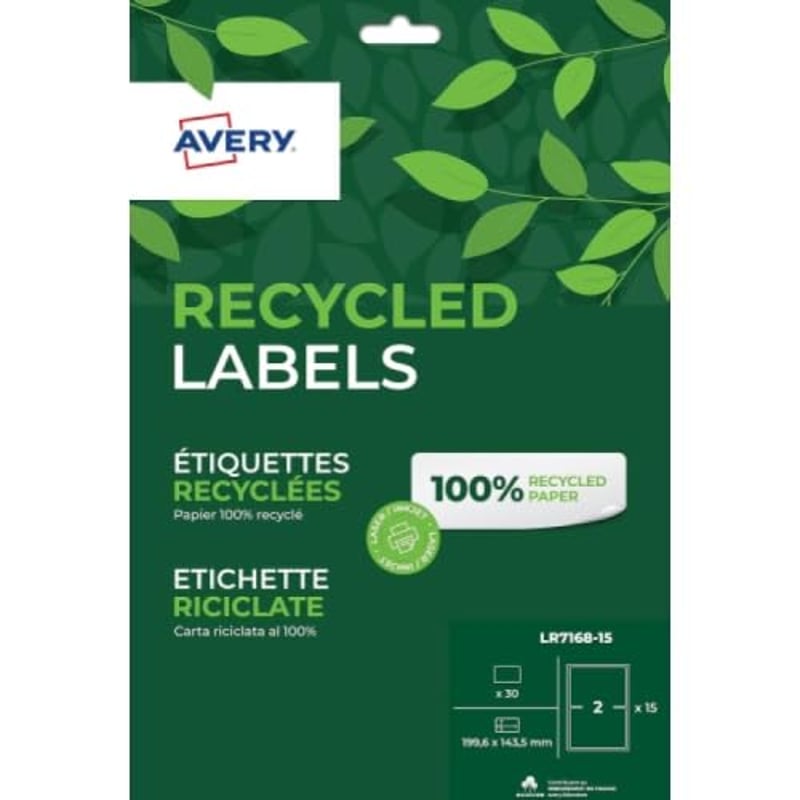 Etichete autoadezive reciclate albe Avery LR7168-15, 199,6 x 143,5 mm, pentru imprimante laser și cu jet de cerneală, 30 bucăți