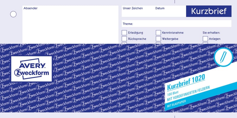 Formular scrisoare scurtă AVERY Zweckform 1020 A4 (1/3) – 100 coli – alb, cu indigo – perforat