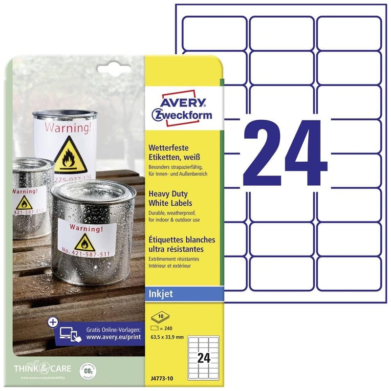 Avery Zweckform J4773-10 Samolepiace etikety odolné voči poveternostným vplyvom pre atramentové tlačiarne, 63,5x33,9 mm, biele, 240 ks na 10 listoch