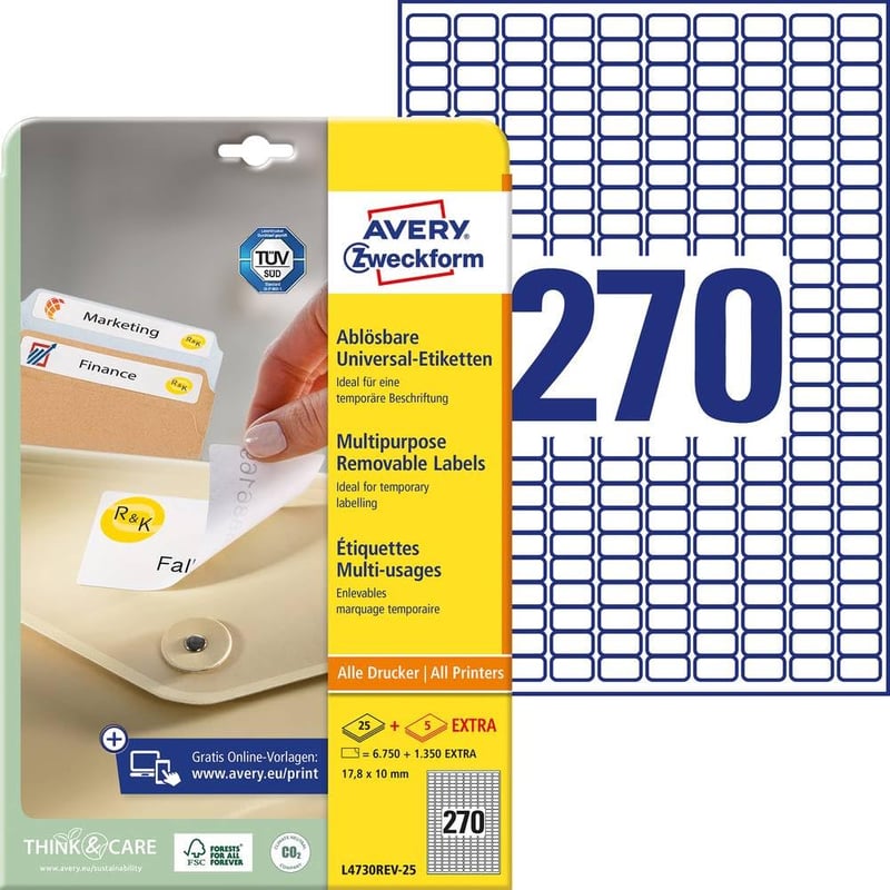 Univerzálne opakovane použiteľné samolepiace etikety Avery Zweckform L4730REV-25, 17,8x10 mm, biele, 30 listov, 6750+1350 ks