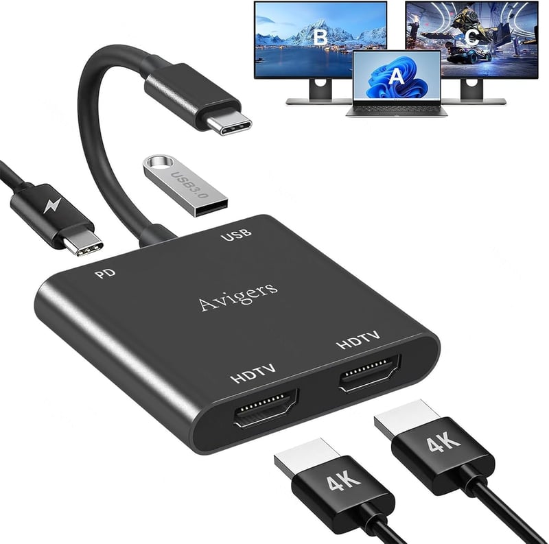Avigers USB-C HDMI adapter 4K 60Hz, 4 az 1-ben, kettős monitor, Windows/macOS