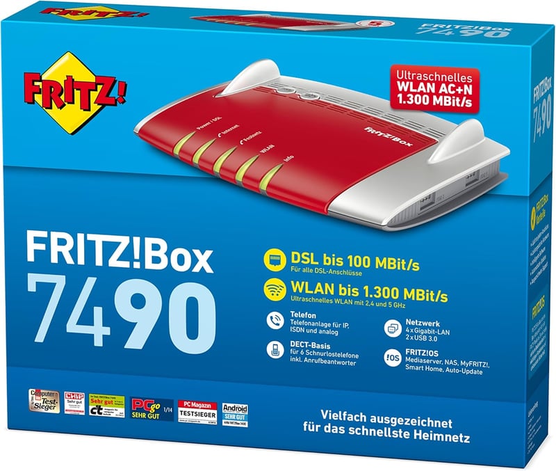 AVM Fritz!Box 7490 WLAN AC+N Router VDSL/ADSL 1300 Mbit/s WiFi DECT - red