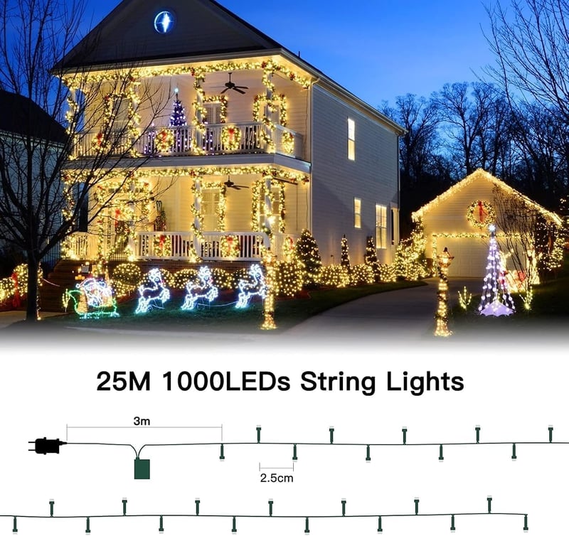 Avoalre 1000 LED-es tündérfény 25m IP44 vízálló meleg fehér 8 üzemmód kültéri karácsonyi dekoráció