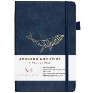 Avocado & Spice A4 dnevnik s tvrdim koricama na crte, s poklon-kutijom i baršunastom torbicom – straničnik, elastična traka, držač za olovku, 200 stranica, plavi