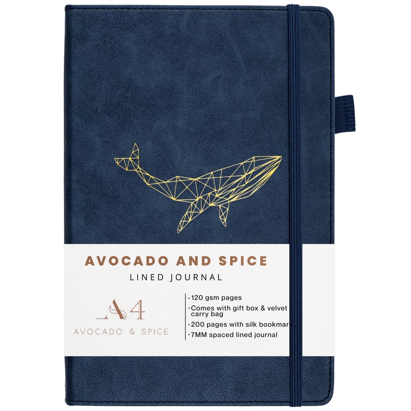 Zápisník Avocado & Spice A4 s tvrdou väzbou, linajkový, v darčekovej krabičke so zamatovým vrecúškom – záložka, gumička, držiak na pero, 200 strán, modrý