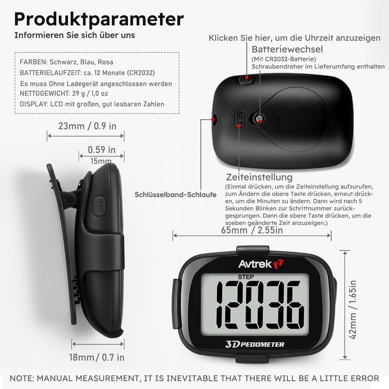 AVTREK Precíz 3D Lépésszámláló - Mini Pedométer Futáshoz, Sétához és Túrázáshoz - Alkalmazás Nélküli Működés, LCD Kijelző, Fekete