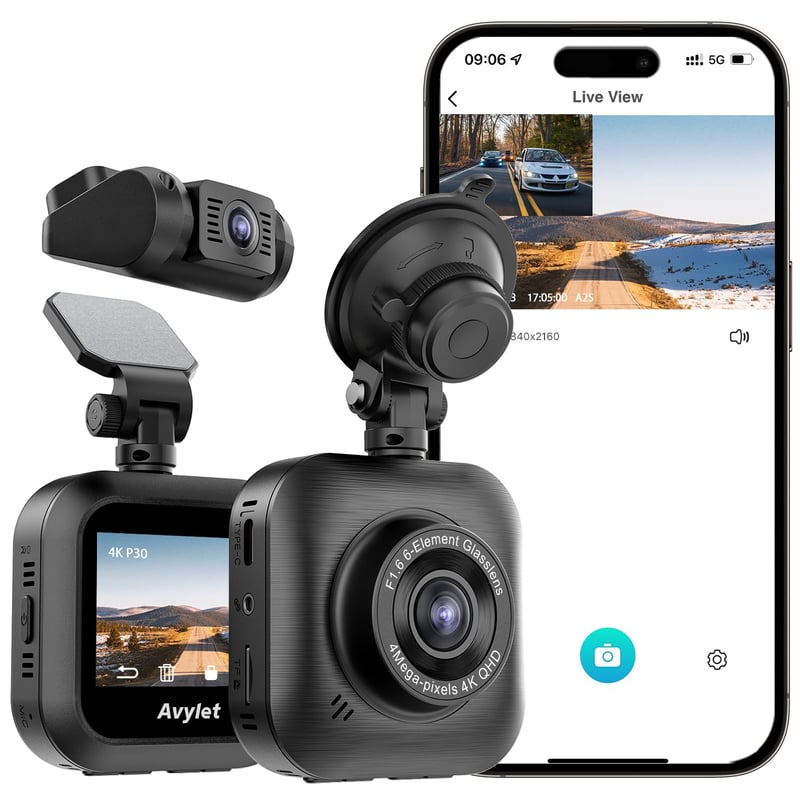 Duálna autokamera Avylet 4K s Wi-Fi, zadná kamera 1080P, 2-palcový IPS displej, nočné videnie, zorný uhol 170 stupňov, 24-hodinový parkovací režim, WDR