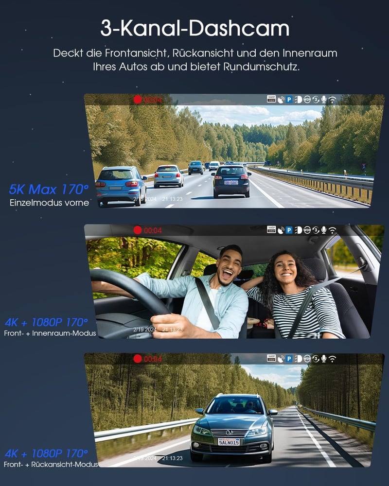 Avylet 5K autós fedélzeti kamera 3 csatornás GPS Wi-Fi 4K+1080P éjszakai látás 512 GB