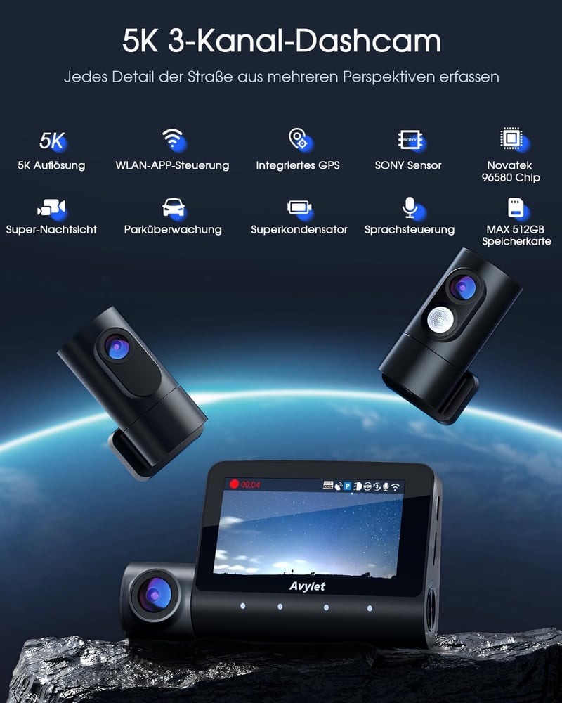 Avylet 5K autós fedélzeti kamera 3 csatornás GPS Wi-Fi 4K+1080P éjszakai látás 512 GB