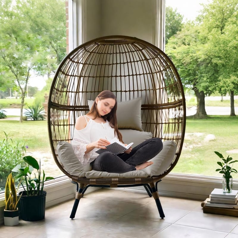 Awoyep Függőfotel Párna Vízálló Polyrattan Hinta Párnával Fejpárnás Szürke