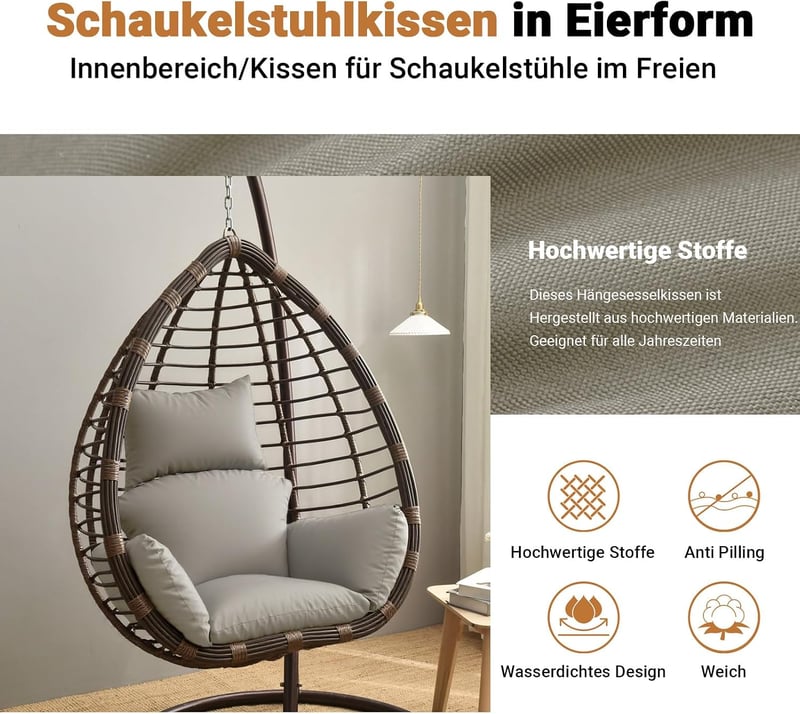 Awoyep Függőfotel Párna Vízálló Polyrattan Hinta Párnával Fejpárnás Szürke