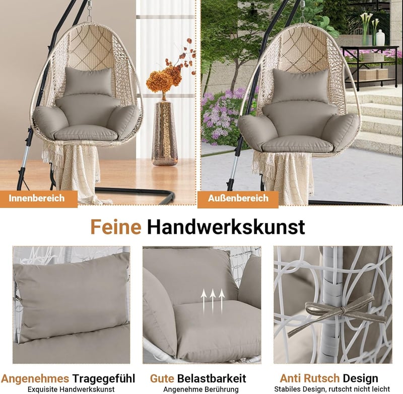 Awoyep Függőfotel Párna Vízálló Polyrattan Hinta Párnával Fejpárnás Szürke