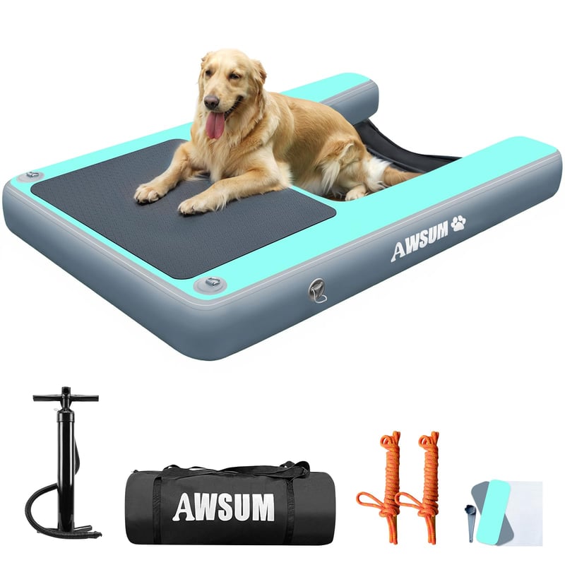 Nafukovacia rampa pre psov AWSUM 150x100x15 cm, mätovo zelená a sivá, plávajúce schodíky pre psov do 100 kg, k bazénu, jazeru, na čln