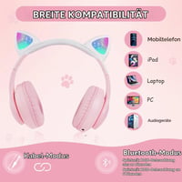 Căști Bluetooth pentru copii AXFEE cu design cu urechi de pisică - roz-alb 8