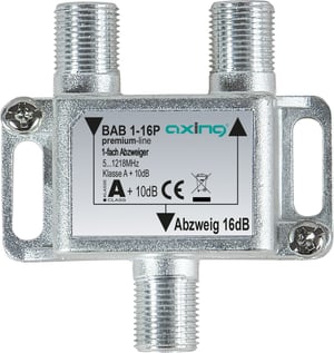 Distribuitor de cablu Axing BAB 1-16P cu 1 ieșire, 16 dB, CATV, Multimedia, DVB-T2, clasa A+, 5-1218 MHz, carcasă metalică