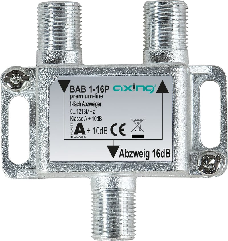 Distribuitor de cablu Axing BAB 1-16P cu 1 ieșire, 16 dB, CATV, Multimedia, DVB-T2, clasa A+, 5-1218 MHz, carcasă metalică