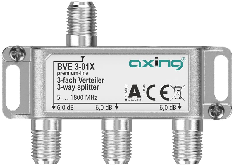 Splitter Axing BVE 3-01X cu 3 căi, 6 dB, 5-1800 MHz, repartitor semnal pentru TV, date, internet și televiziune prin cablu