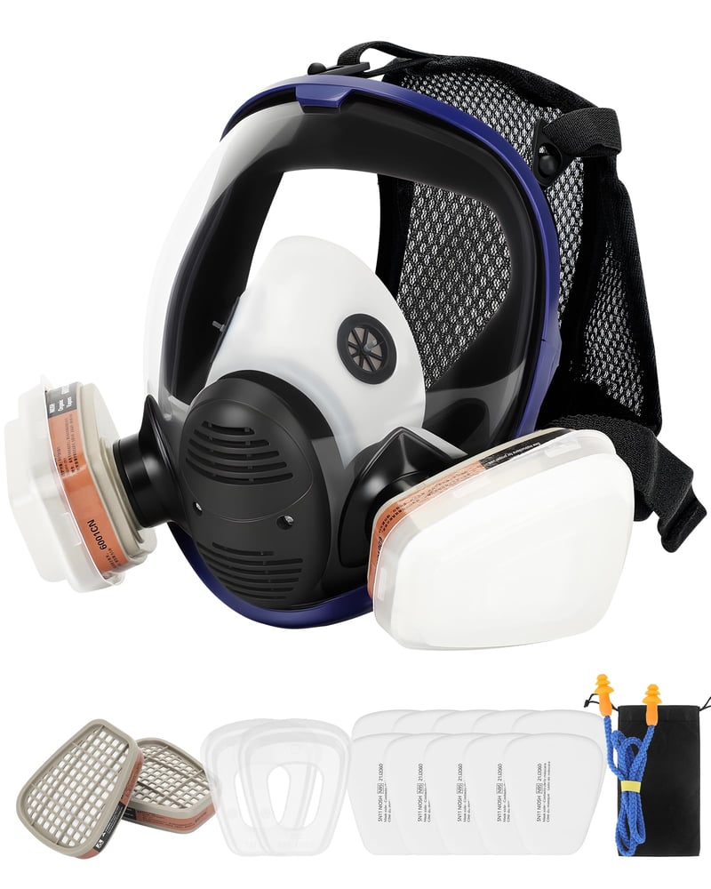 AXleftj Mască respiratorie cu protecție facială completă, cu dublu cartuș de filtrare, garnitură din silicon, reutilizabilă pentru vopsit, șlefuire și renovări
